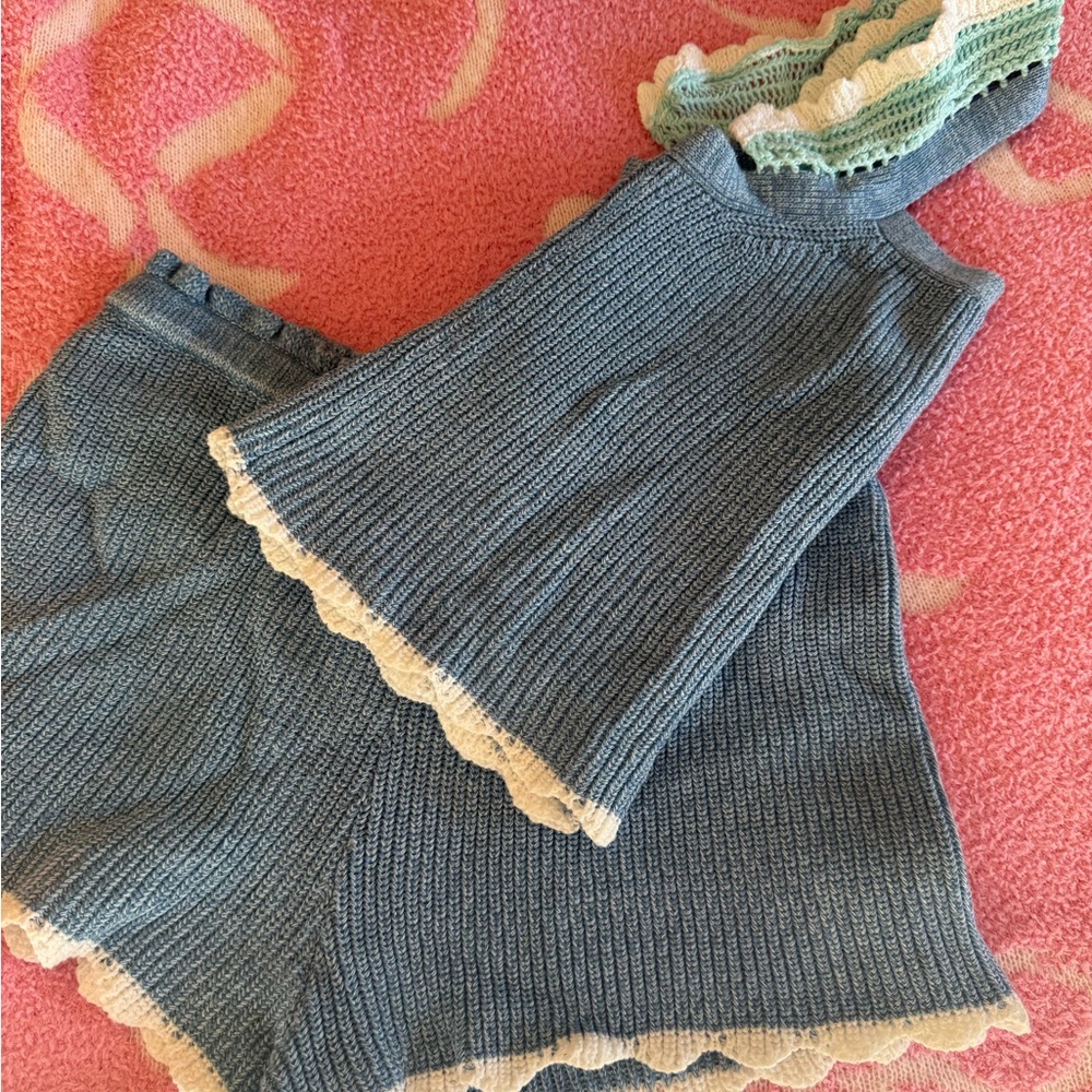 Blue Knit Tank and Shorts Set with Lace Trim